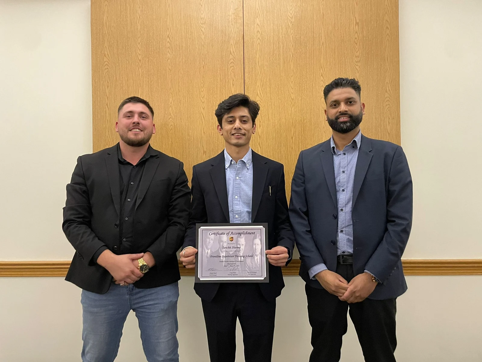 Frontline Supervisor Training School. Completing supervisor training in May 2023, with my supervisor Craig and hub manager Pritesh.