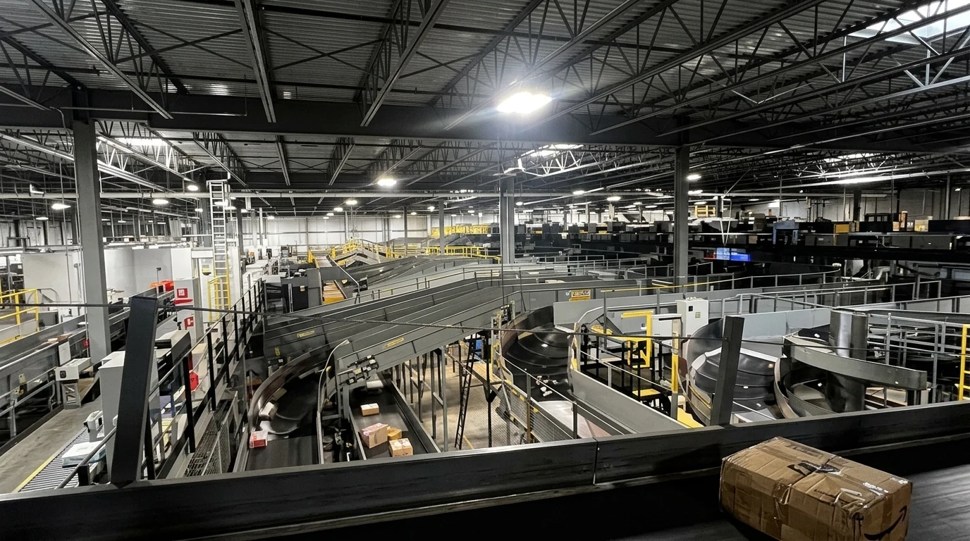 Inside the sorting network. Multiple conveyor levels in the automation grid above the hub floor.